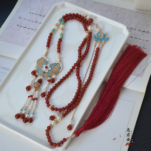 福蝶手工原创中式玛瑙烧蓝长璎珞流苏背云马面裙红色喜庆旗袍项链