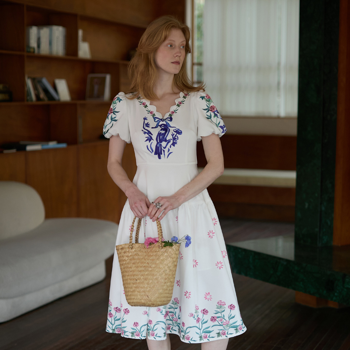 XUNRUO熏若设计师品牌 复古花卉印花V领泡泡袖收腰A字茶歇连衣裙