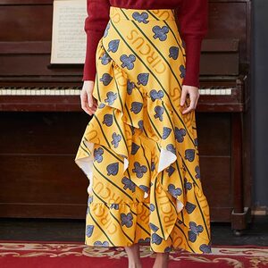 XUNRUO熏若 王冰冰明星同款 设计师品牌原创扑克印花荷叶边半身裙