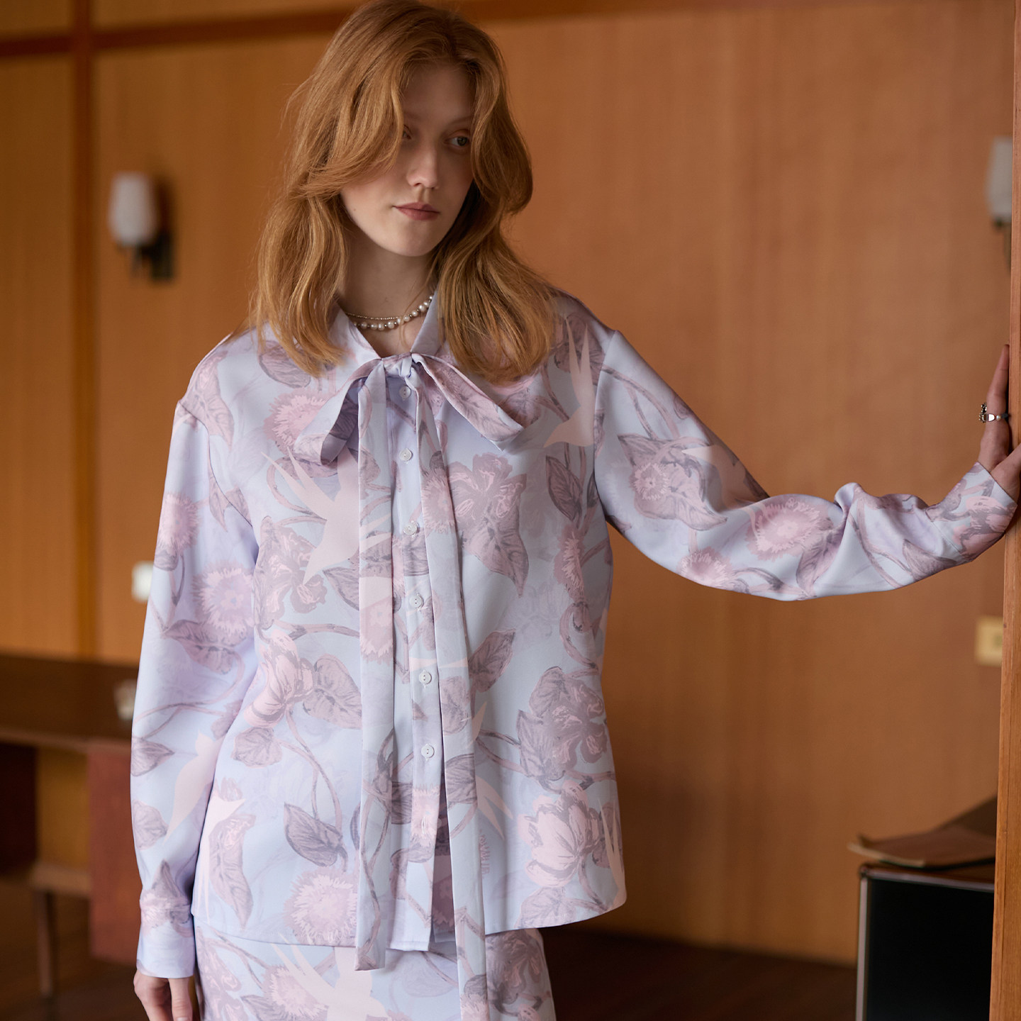 XUNRUO熏若 设计师品牌粉蓝花卉印花蝴蝶结系带衬衫独立原创设计