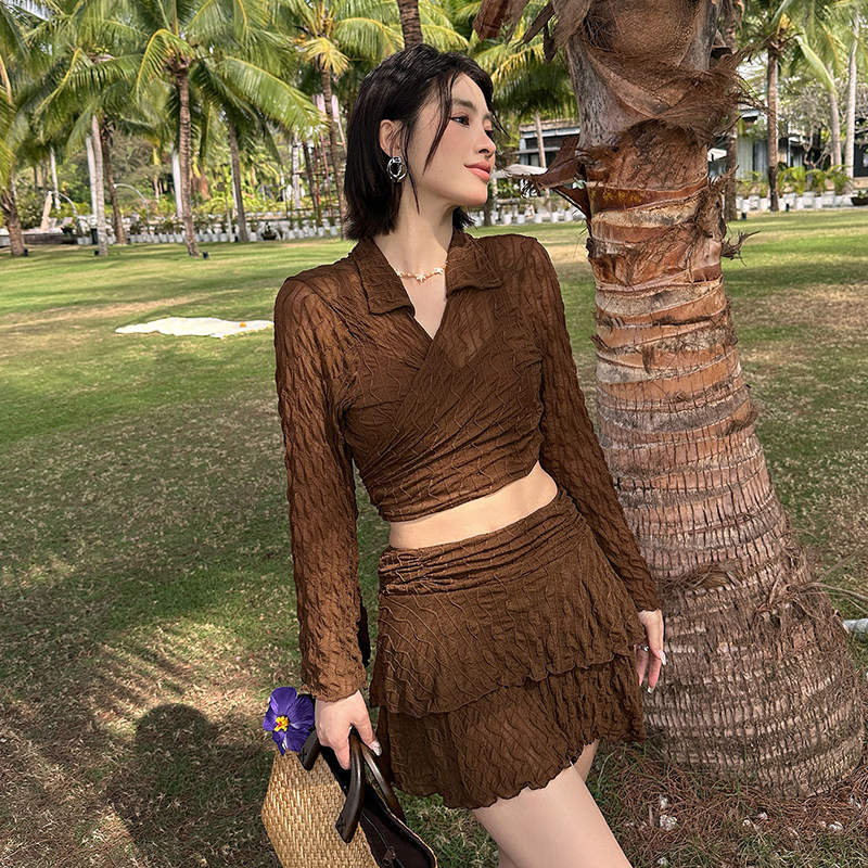 纯欲泳衣女大码比基尼微胖mm遮肉显瘦分体三件套海边度假长袖罩衫