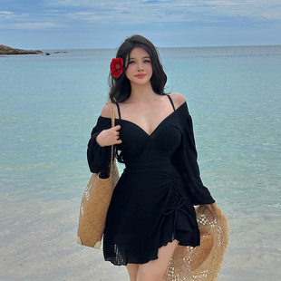 微胖遮肉显瘦长袖 连体裙式 带钢托泡温泉游泳衣 泳衣女2026新款 大码