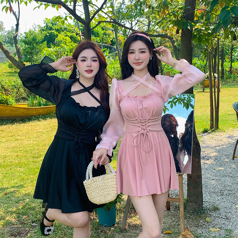 大码泳衣女连体微胖mm200斤遮肉显瘦裙式钢圈度假防晒温泉200斤