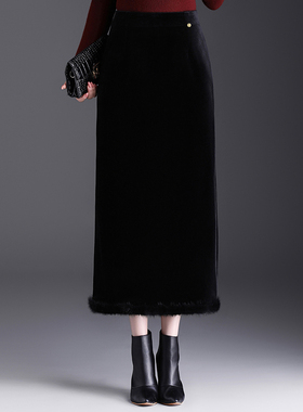 83CM长水貂毛拼接金丝绒包臀直筒裙后开叉半身裙高腰后中拉链长裙