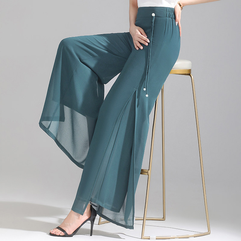 轻国风雪纺阔腿裤女夏季透气双层开叉直筒裤飘逸休闲长裤妈妈裤