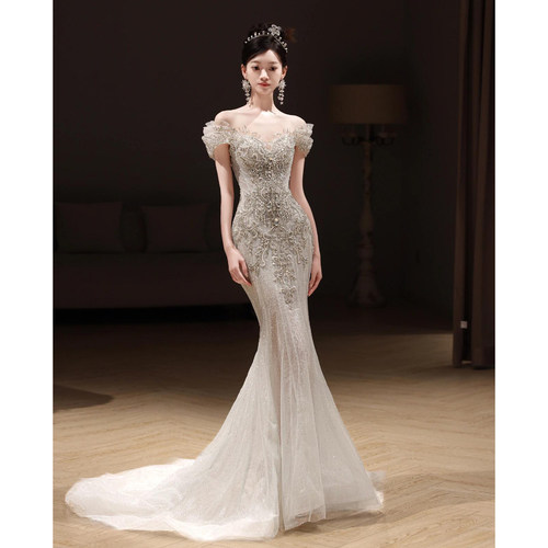 法式一字肩轻婚纱新娘鱼尾主纱女