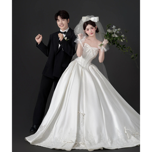 高端公主抹胸缎面婚纱女白色蕾丝拖尾大码户外草坪礼服出门纱拖尾