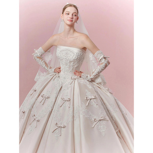 2025新款 抹胸公主婚纱礼服新娘主纱蕾丝刺绣拖尾高级质感轻奢主纱