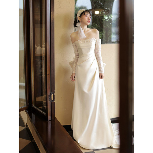 一字肩长袖轻婚纱法式订婚长裙女