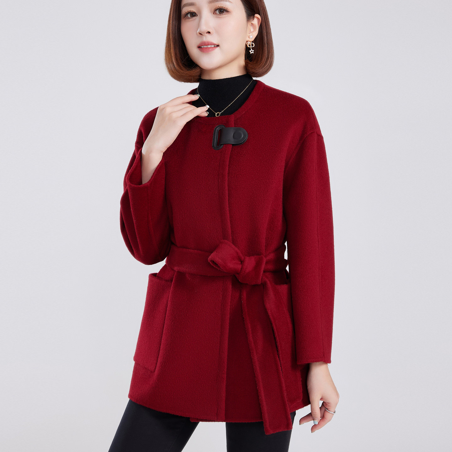 中年妈妈2026新款双面呢大衣女高端中长款秋冬系带收腰羊毛呢外套