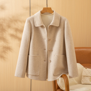 秋冬新款小个子妈妈双面羊绒大衣女高端羊毛呢子洋气短款毛呢外套