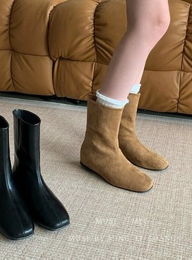 MLC高级感黑色方头内增高瘦瘦靴韩版简约气质百搭后拉链短靴单靴
