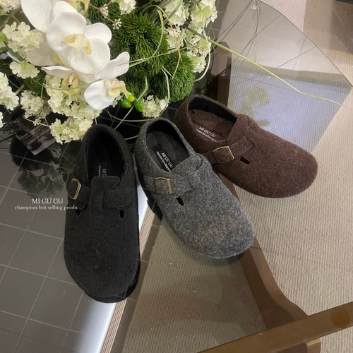 MIGUGU米谷谷复古毛呢厚底加绒全包勃肯鞋圆头内增高一脚蹬毛毛鞋