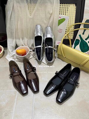 单鞋极简方头平底银色玛丽珍鞋