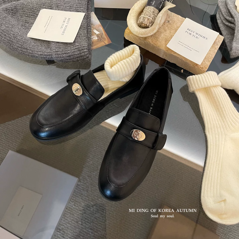 MIDING米町 英伦风黑色流苏锁扣乐福鞋女秋冬加绒懒人小皮鞋单鞋