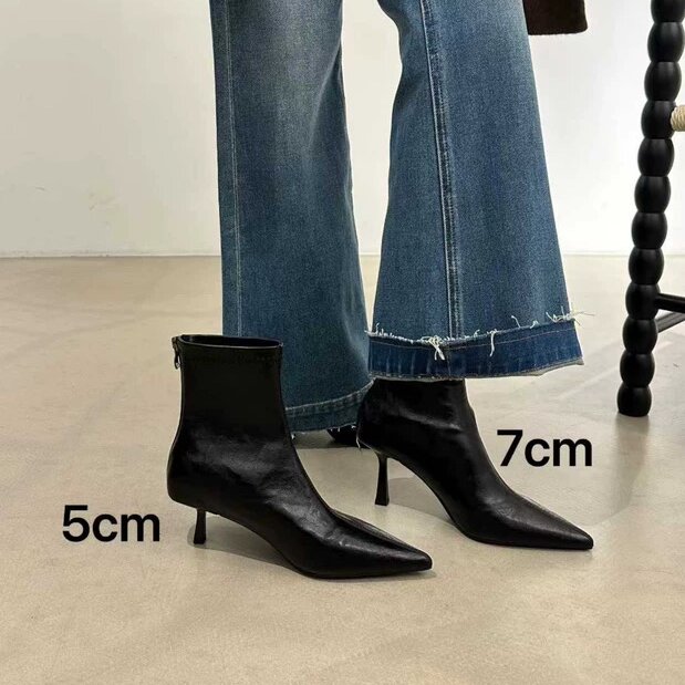 GuoLi 秋冬新品极简风时尚气质短靴女百搭尖头法式弹力细跟皮面靴