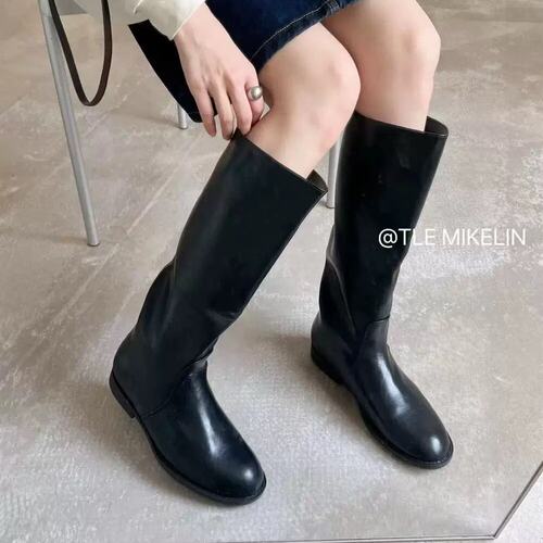 TLEMIKELIN韩版懒惰风圆头粗跟高筒骑士靴简约显瘦长靴女