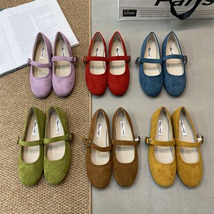平底绒面法式小红色单鞋女鞋子2025春夏季芭蕾舞黄色玛丽珍晚晚鞋