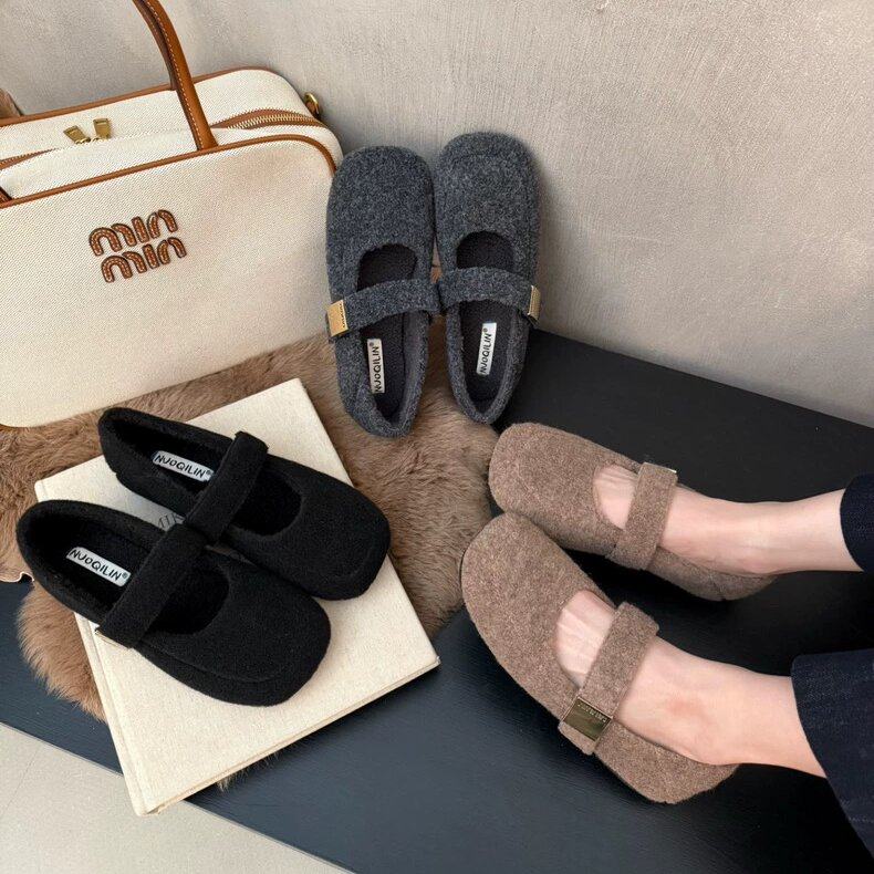 NUOQILIN小香风毛呢方头一字带平底玛丽珍鞋秋冬气质加绒棉鞋单鞋,女鞋,浅口单鞋,淘宝优惠券,粉丝福利购,淘宝优惠卷