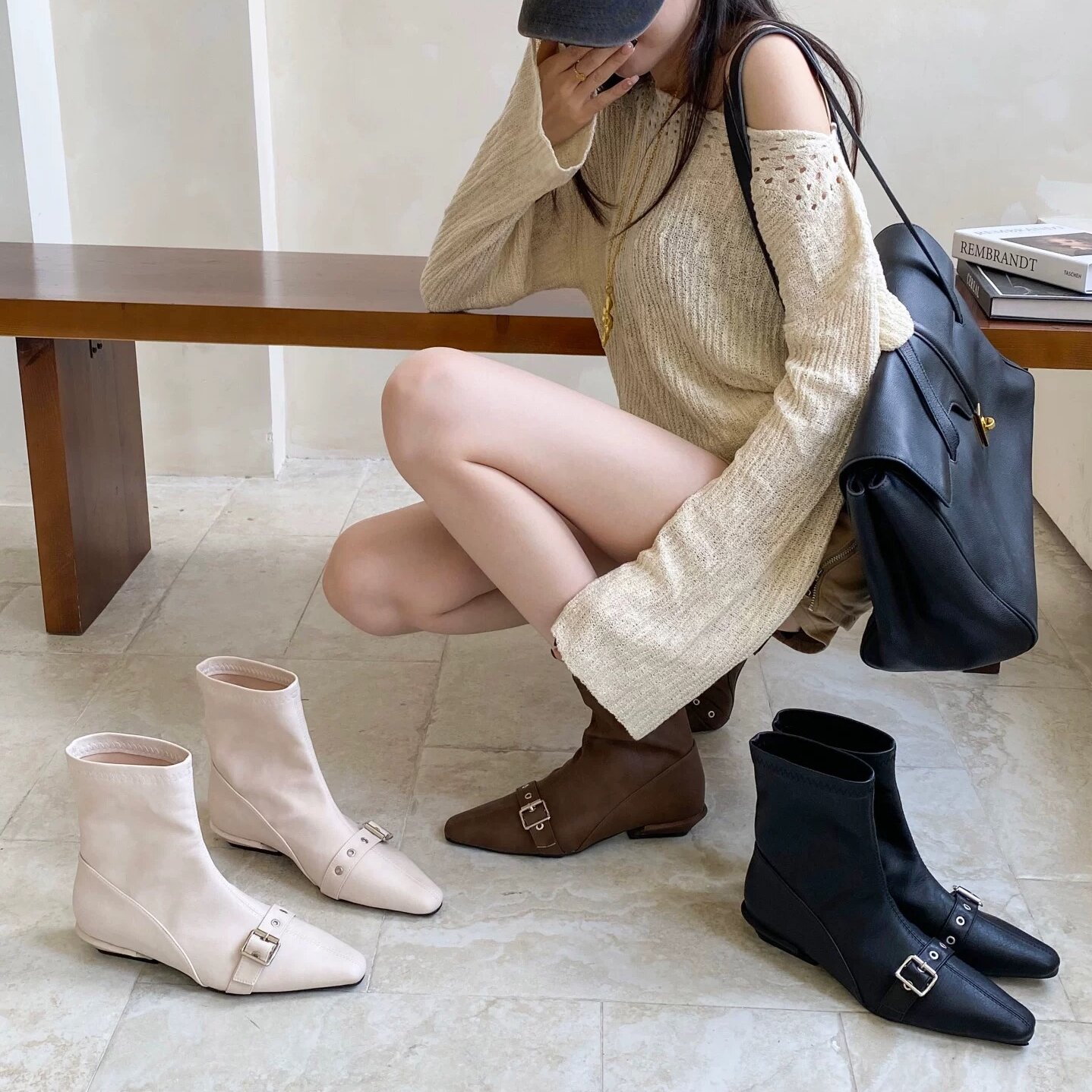 A·MI 复古方头皮带扣软皮短靴女2025年新款气质显瘦马丁靴瘦瘦靴