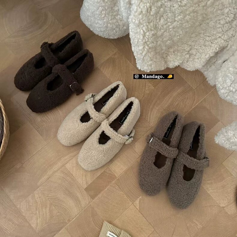 THEMANDAGO芒大果 新款加绒毛毛鞋女秋冬一字扣玛丽珍鞋保暖棉鞋