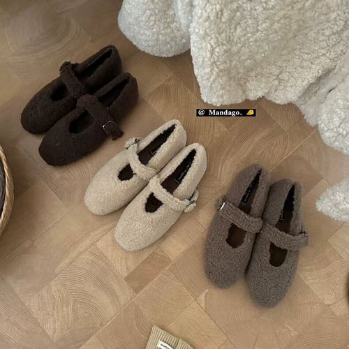 THEMANDAGO芒大果 新款加绒毛毛鞋女秋冬一字扣玛丽珍鞋保暖棉鞋