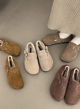 KAMIYA真皮复古加绒加厚勃肯鞋女冬季新款百搭软底内增高毛毛单鞋