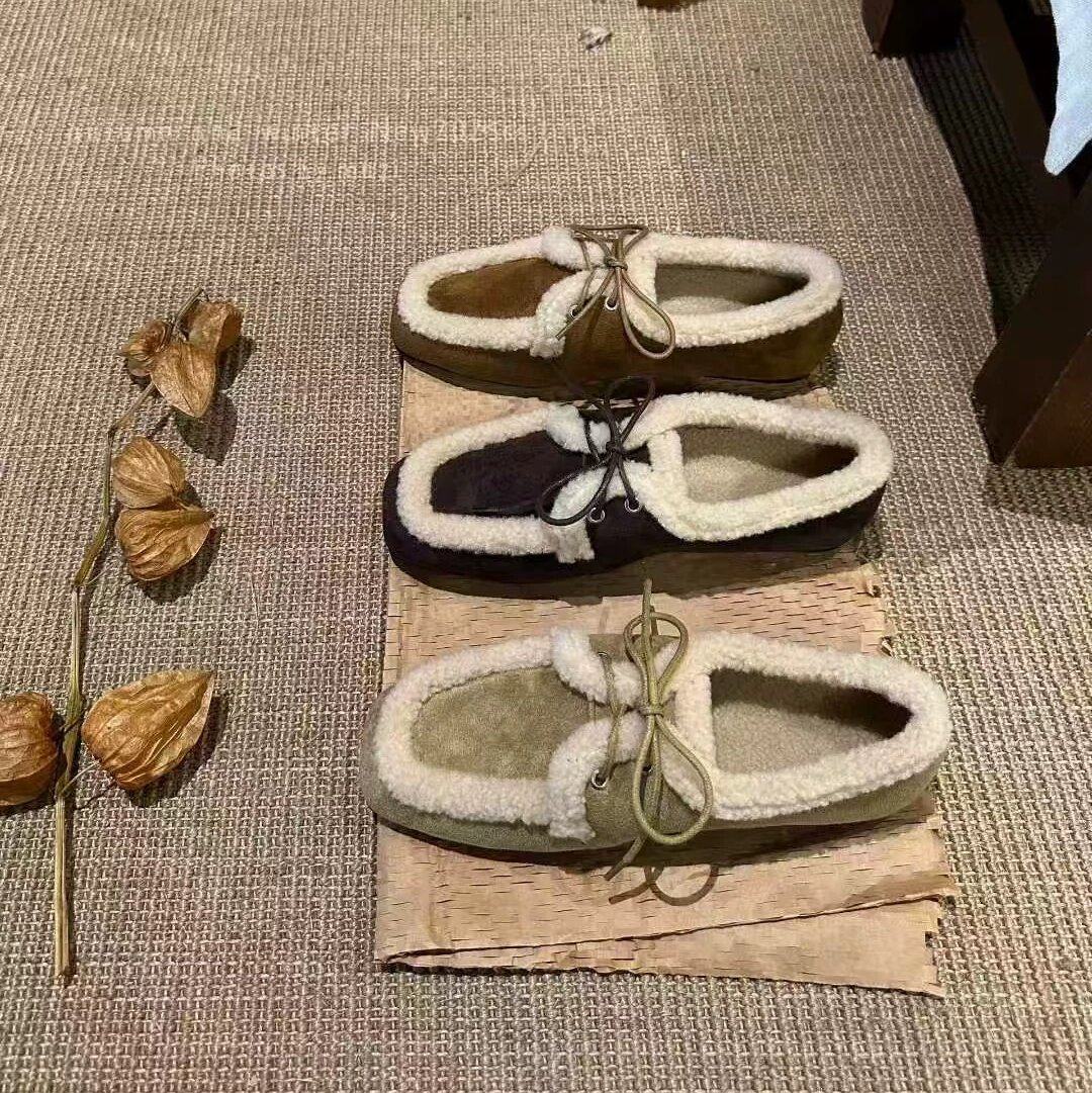 MUZI木耔韩系复古羊毛绒里乐福鞋女2025冬季款老钱风平底豆豆单鞋
