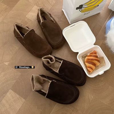 THEMANDAGO芒大果 厚底真皮一脚蹬乐福鞋女秋冬慵懒风加绒勃肯鞋