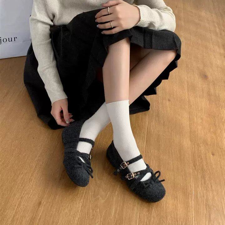 Vela 温柔晚晚风毛呢方头蝴蝶结双扣带内增高玛丽珍鞋加绒毛毛鞋