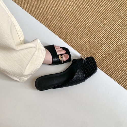 MIBEILIN法式编织纹理金属套趾一字拖鞋简约气质低跟外穿凉拖鞋女