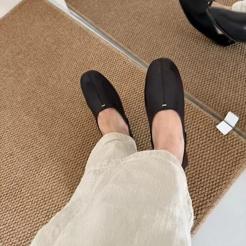 Lamode韩版极简风方头浅口平底单鞋软皮软底舒适奶奶鞋通勤瓢鞋女