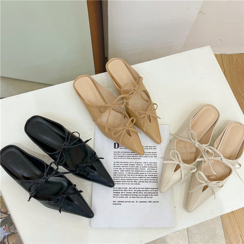 all black in summer|蝴蝶结复古尖头平底包头拖鞋