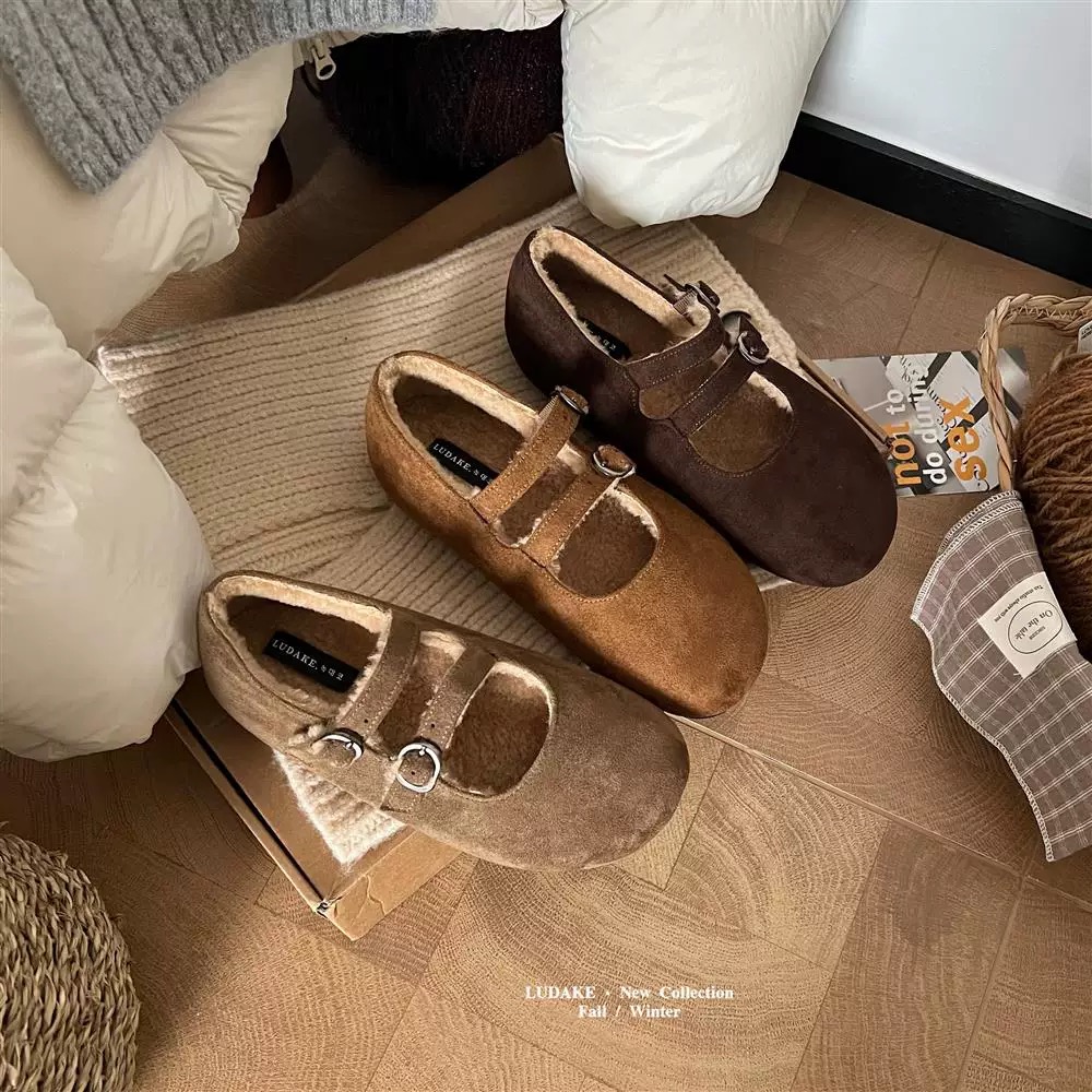 LUDAKE鹿大可复古真皮圆头双扣带加绒玛丽珍鞋秋冬百搭舒适勃肯鞋