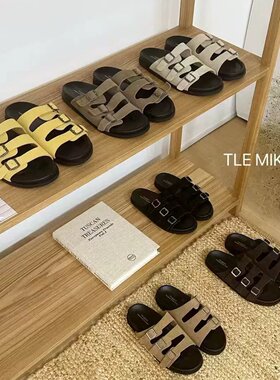 TLEMIKELIN复古真皮三扣带厚底勃肯凉拖鞋女外穿舒适百搭沙滩拖鞋