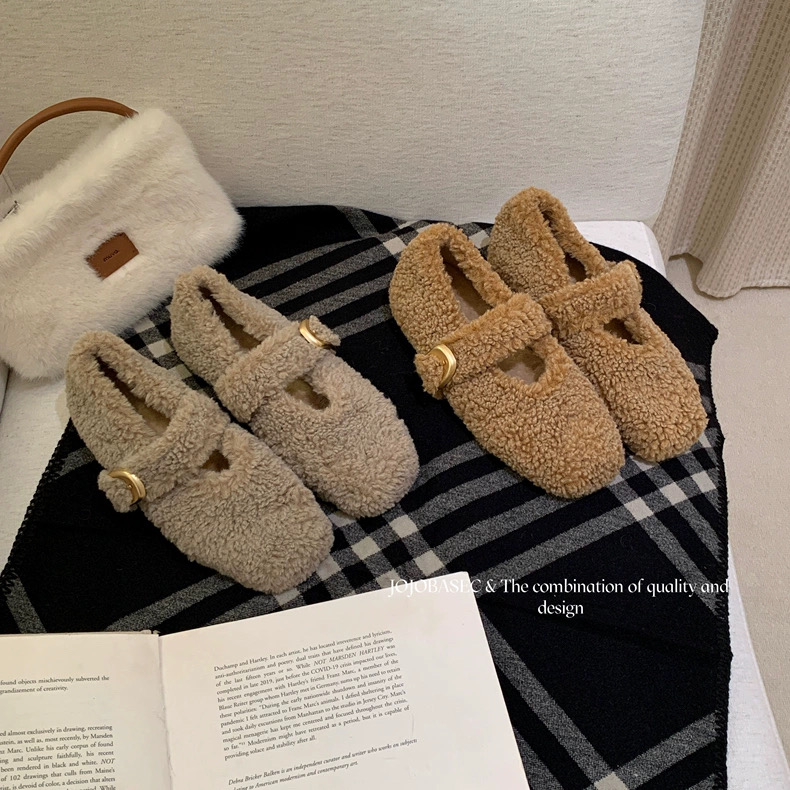 JOJOBASEC羊羔毛内增高玛丽珍鞋女2025年冬新款保暖懒人单鞋