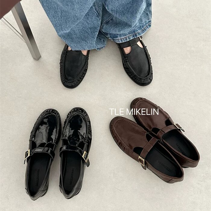 MIKELIN学院风圆头T字带低跟乐福鞋复古英伦风漆皮黑色百搭小皮鞋