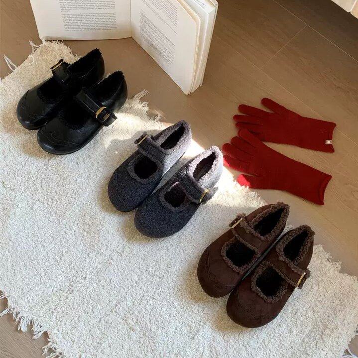 Vela 复古绒面圆头加绒一字带扣带玛丽珍鞋秋冬保暖软底毛毛鞋女