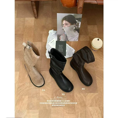 褶皱扣带堆堆短靴圆头粗跟马丁靴