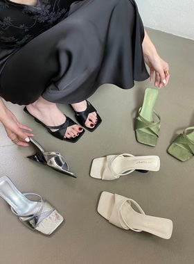 CHIC FUN 24/S春季新品 ：韩国同款法式方头显白绿色气质高跟拖鞋