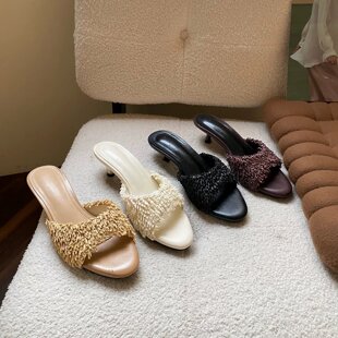 Mi Ke 韩版编织尖头露趾凉拖鞋女外穿2026年新款细跟百搭气质拖鞋