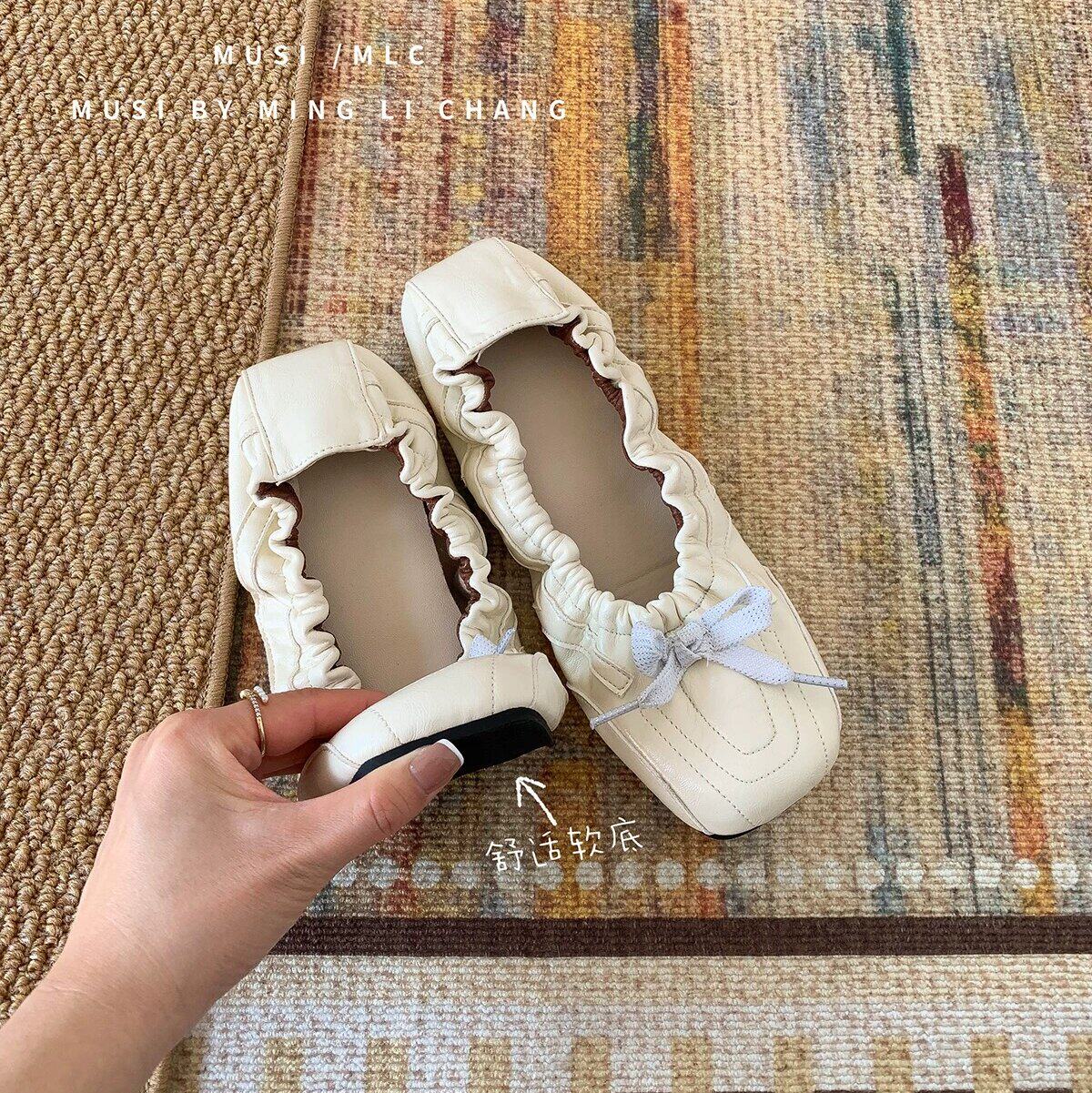MUSI复古风芭蕾舞鞋女蛋卷鞋2026新款方头蝴蝶结内增高玛丽珍鞋