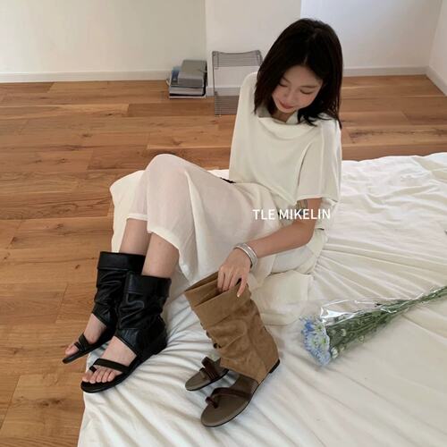TLE MIKELIN 韩版一字带露趾凉靴女中筒堆堆靴显瘦简约配裙子夏季