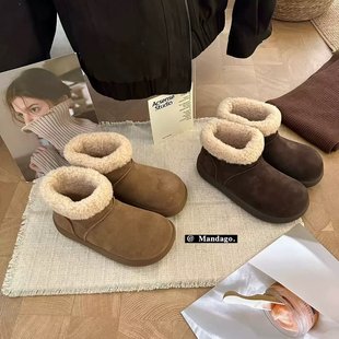 加绒保暖羊羔毛棉短靴女 韩系真皮大头雪地靴2025冬季 THE MANDAGO
