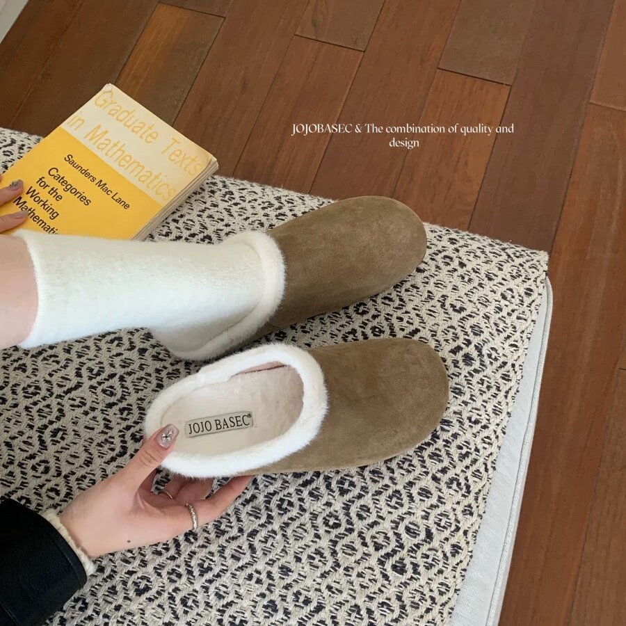 JOJOBASEC真皮包头拖女2025新款冬外穿一脚蹬厚底加绒毛毛鞋