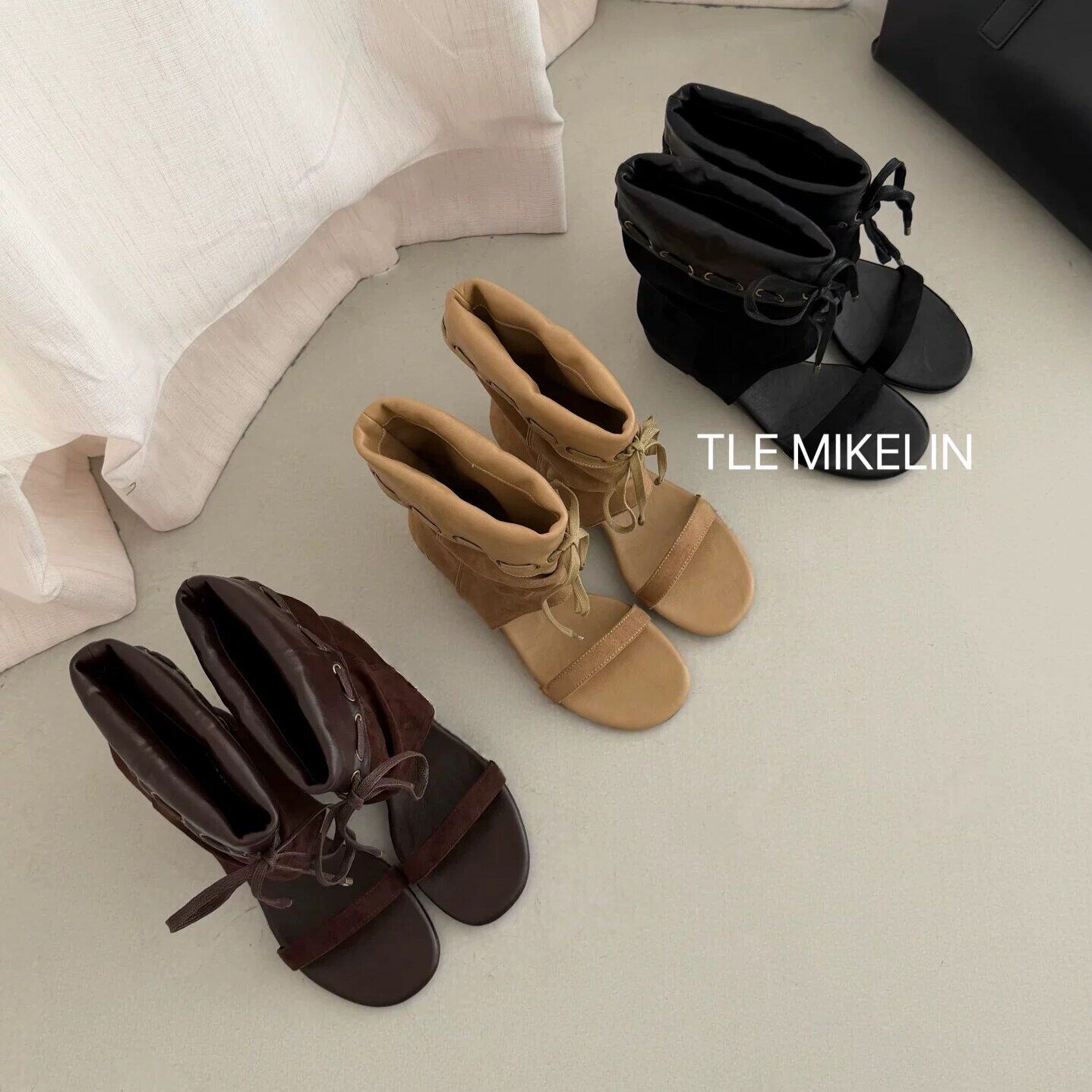 TLE MIKELIN 韩式风罗马凉鞋女露趾一字带百搭舒适绑带高帮凉靴