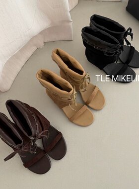 TLE MIKELIN 韩式风罗马凉鞋女露趾一字带百搭舒适绑带高帮凉靴