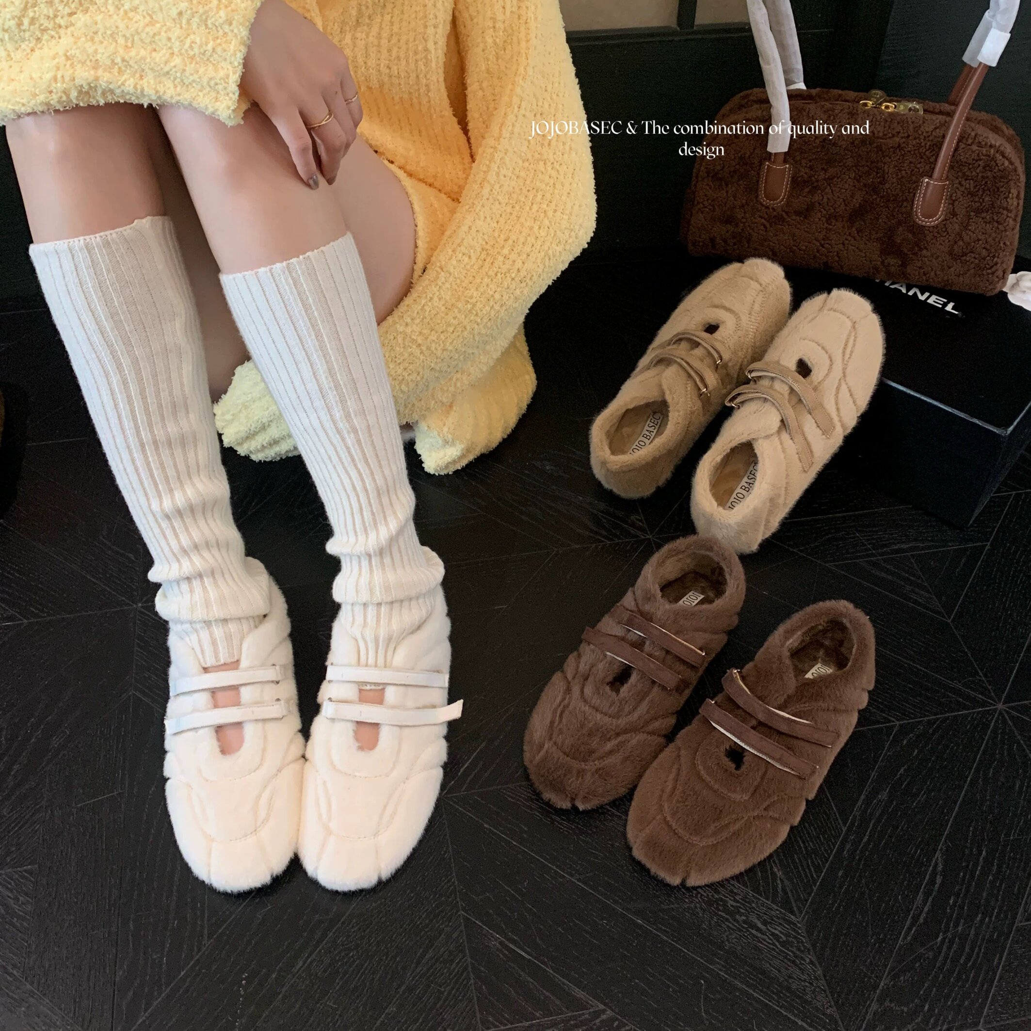 JOJOBASEC魔术贴毛毛玛丽珍鞋女2025加绒保暖外穿平底运动鞋