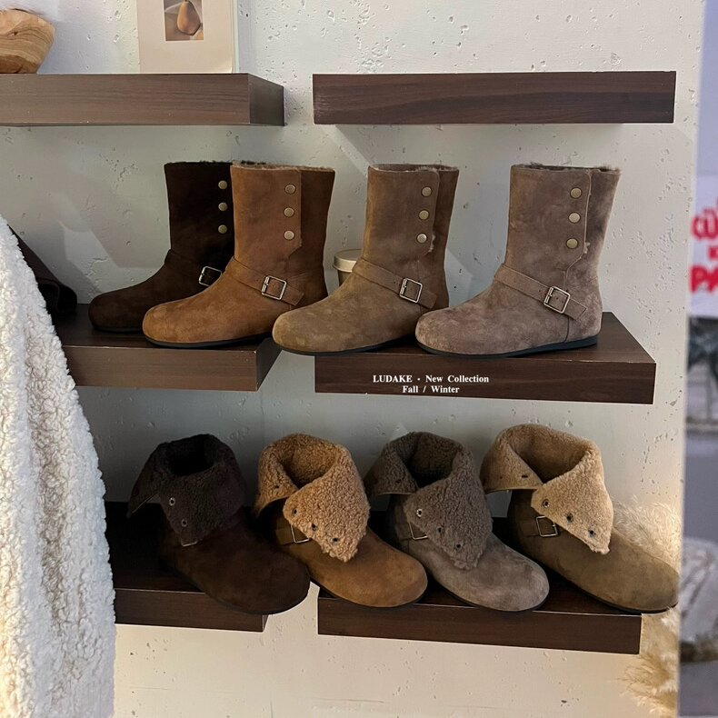 LUDAKE鹿大可 内增高4cm可翻两穿复古短靴女秋冬羊羔毛保暖雪地靴
