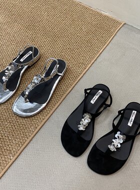 小众粗跟黑色夹趾凉鞋仙女鞋子外穿2025新款夏季配裙子水钻罗马鞋